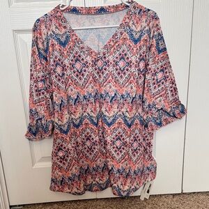 Patterned V-Neck Blouse - Pink and Blue